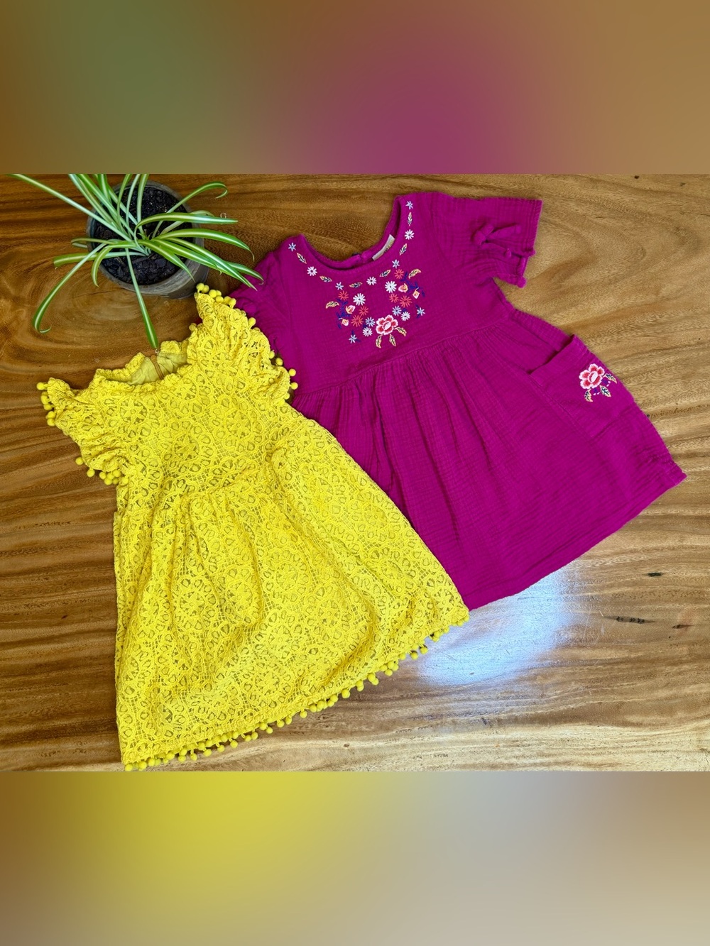 OshKosh + Amazon | Magenta Floral Cotton Gauze + Yellow Lace with Pom Poms